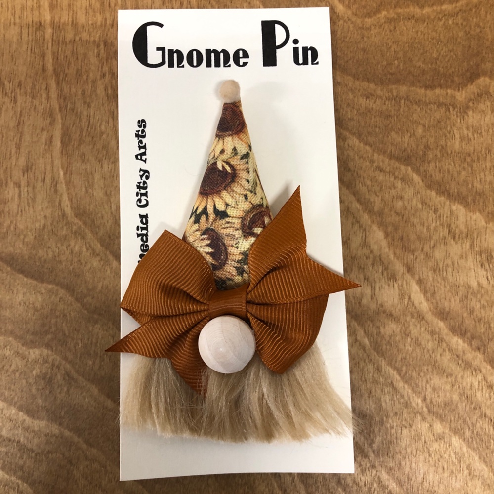 Sunflower Gnome Pin Brooch Handmade Gift Guide Bow Magnetic Blonde Beard Autumn